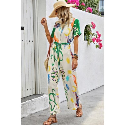 I AM A FASHION JUNKY Allover Print Button Up Belt Jumpsuit