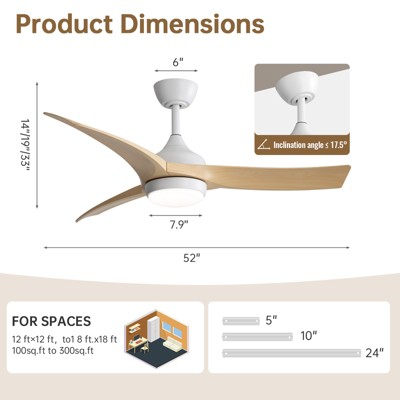 High CFM Ceiling Fans with Lights and Remote Reversible Quiet DC Motor 6 Speeds Dimmable 52'' Modern Ceiling Fan for Bedroom Kitchen Outdoor Patios