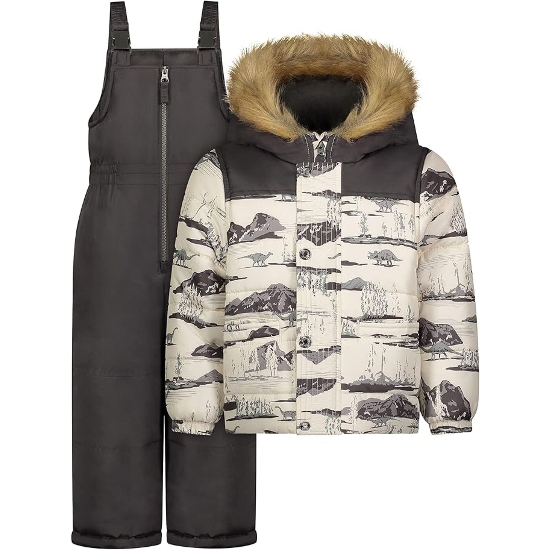 OshKosh B'Gosh Little Boys' Heavyweight Coat and Snowbib Snowsuit Set, Grey Dino Print, 4