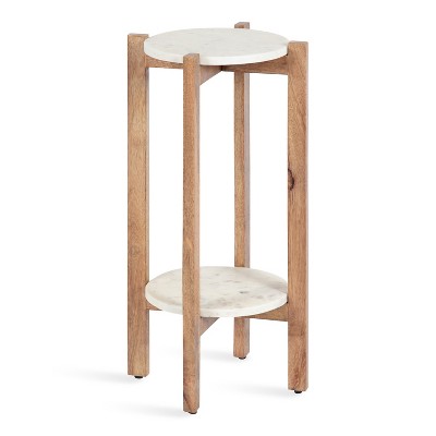 Natural Mango Wood and White Marble Round Two-Tier End Table
