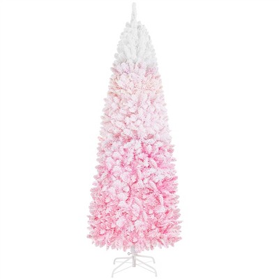 Yaheetech 6Ft/7.5Ft/9Ft Prelit Flocked Pencil Artificial Christmas Tree Holiday Decoration Hinged Spruce, Green