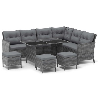 Tangkula Set of 7 Dining Furniture Set PE Rattan Sectional Sofa Set Patio Gray