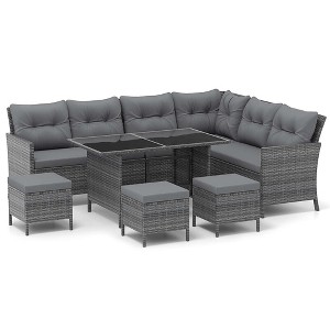 Tangkula Set of 7 Dining Furniture Set PE Rattan Sectional Sofa Set Patio Gray - 1 of 4