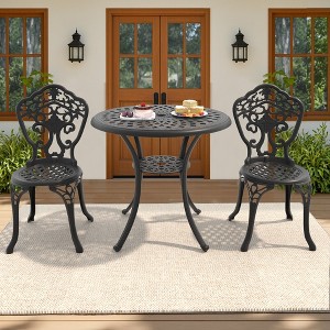 3-Piece Patio Set: Round Table & 2 Chairs - Cast Aluminum, All-Weather/Umbrella Hole & Adjustable Legs for Balcony/Backyard - 1 of 4