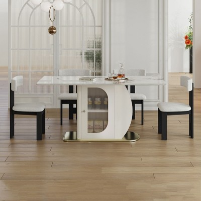 PAGED 63" Dining Table Rectangle Kitchen Table with Storage Shelf and Acrylic Door, Living Room Table with Sintered Stone Top for 4/6 Person