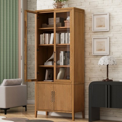 90.6'' Tall Wooden Display Cabinet with Glass Doors & Storage, Modern Oak Veneer Bookshelf with Adjustable Shelves - ModernLuxe