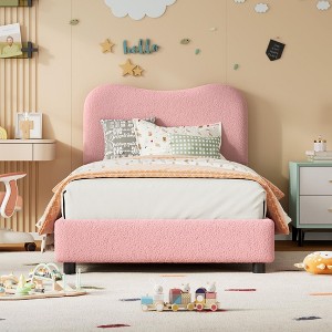 Bed Frame for Kids with Velvet Upholstered Headboard, Cute Low Profile Platform Bed - 1 of 4