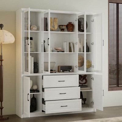 FUFU&GAGA Modern Minimalist 4 Glass Doors Display Cabinet,Multi-Storage Display Unit,Living Room Decor Storage,Home Office Bookcase with Drawers