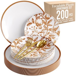 Earthtrends 200 Pc Thanksgiving Plastic Dinnerware Set – Serves 40 with Gold Silverware, 10" Dinner Plates & 8" Dessert Plates in Pomegranate - 1 of 4