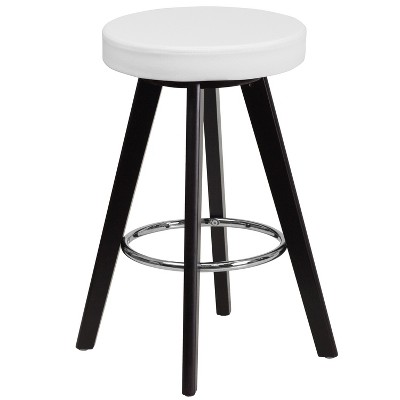 Merrick Lane Contemporary White Vinyl Counter Stool with Retro 4-Point Cappuccino Wood Legs and Chrome Footrest