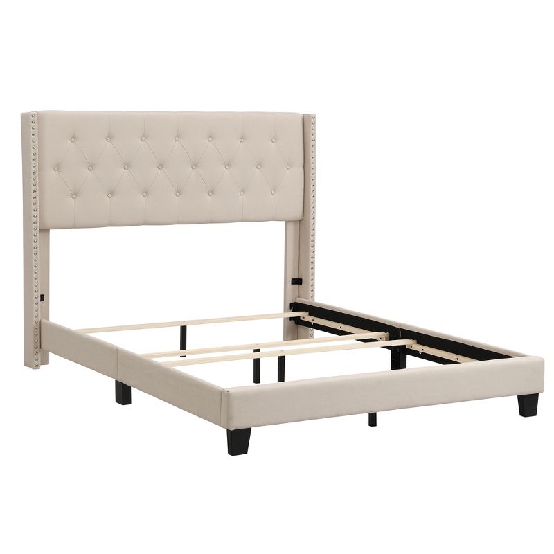 Queen Size Upholstered Platform Bed with Classic Headboard, Beige - ModernLuxe, 4 of 9