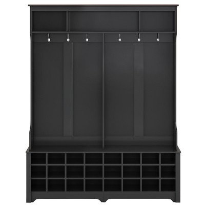 Vynxaria Stand Alone Black Modern Coat Rack: 6 Metal Hooks, 60 Inch Bench, 24 Shoe Storage Cubbies, Perfect for Bedroom Entrances and Porches