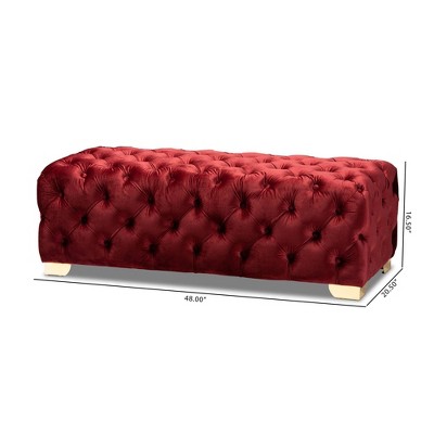 Avara Burgundy Velvet Button Tufted Bench Ottoman with Gold Legs