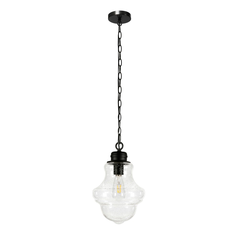 Hudson and Canal 9.13" Wide Pendant with Glass Shade Blackened Bronze: UL Listed, Adjustable Height, E26 Socket