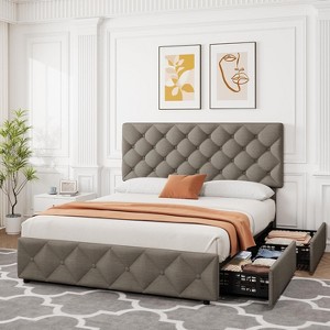Homhougo Full Size Bed Frame with 4 Storage Drawers, Upholstered Platform Bed Frame with Adjustable Headboard, Diamond Stitched Button Tufted, Grey - 1 of 4