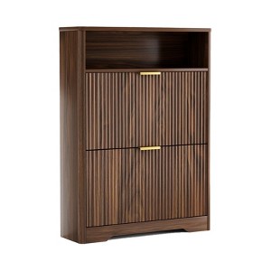 Tall Free-Standing Shoe Cabinet for Entryway, 2 Flip Drawers, Hidden Storage, Foyer & Hallway Organizer, Natural, 31.6" L x 9.6" W x 40" H - 1 of 4