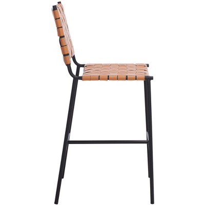 Cognac Leather and Black Metal Saddle Counter Stool