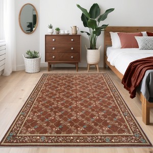 Modern Washable Area Rug for Living Room, Floral Printed Floor Rug with Non Slip Backing, Ultra-Thin Stain Resistant Carpet for Home - 1 of 4