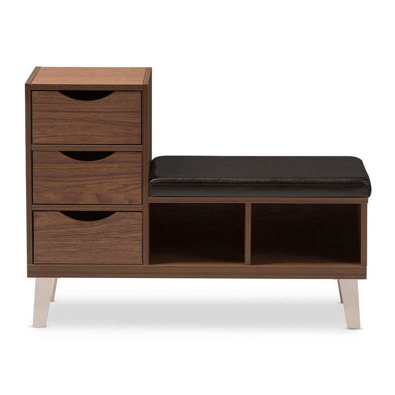 Arielle Modern and Contemporary Wood 3 - Drawer Shoe Storage Padded Leatherette Seating Bench with Two Open Shelves - "Walnut" Brown - Baxton Studio, 3 of 6