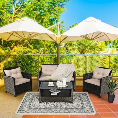 Costway 8-Piece Beige Cushioned Rattan Patio Furniture Set with Coffee Tables