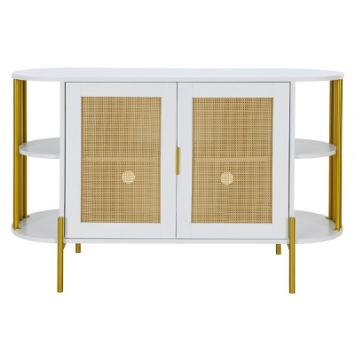GlasFlength Decorative Storage Cabinets Elegant Curved Dining Cabinet with Woven Rattan Doors and Gold Trim for Dining Room, White, 47.2"*15.7"*31.1"