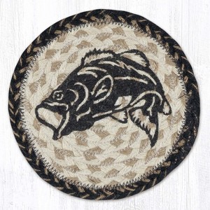 Earth Rugs Round Big Mouth Bass Coaster – 7" Braided Jute Mat with Hand-Stenciled Fish Design in Rustic Greens and Natural Earth Tones - 1 of 3