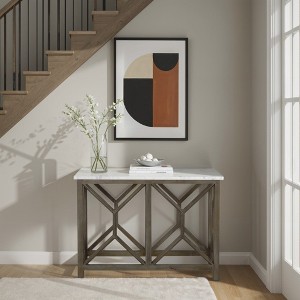 Royal Hampton Sofa Console Table with 41 Inch White Genuine Marble Top and Sandblasted Mango Wood Geometric Frame - 1 of 4