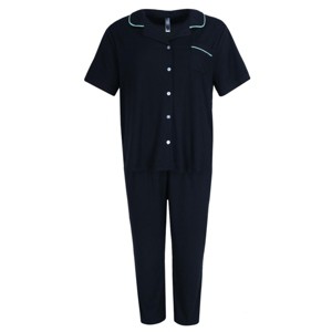 PJ Couture Women's Button Down Wavy Notch Collar Short Sleeve Capri Set - 1 of 4