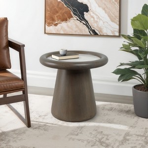 Modern Accent Table with Mango Wood and Marble Top - Round Drum Base - Modern Sculptural Stone Wood Accent Furniture for Home Decor - 1 of 4