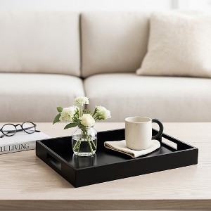 Minimalist Wood Tray with Glass Surface and Handles for Centerpiece Decoration - Classic Tray for Trinkets, Jewelries, or Bathroom Vanity - 18" Black - 1 of 4