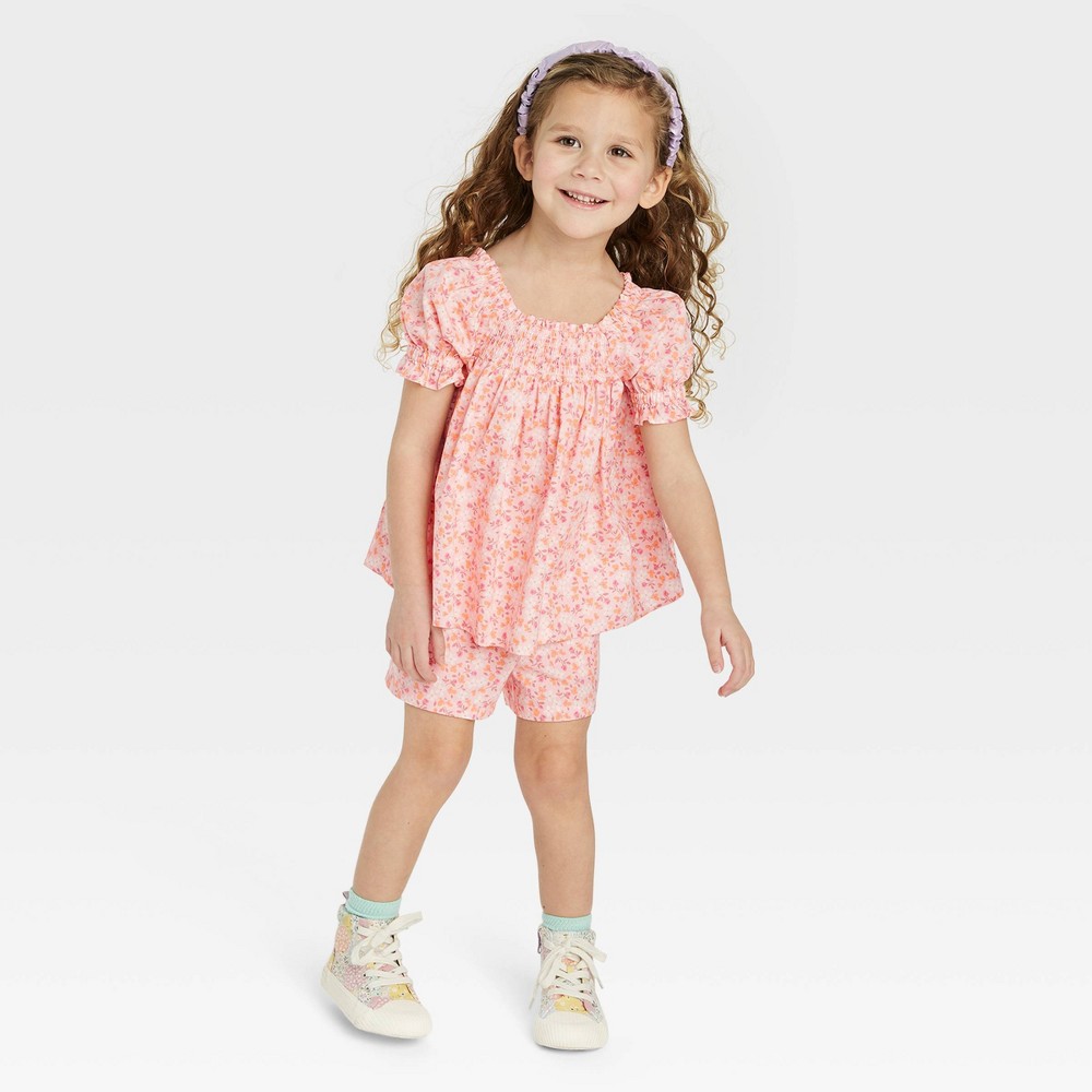 Toddler Girls' Floral Poplin Top & Shorts Set - Cat & Jack Pink 4T (2 sets)