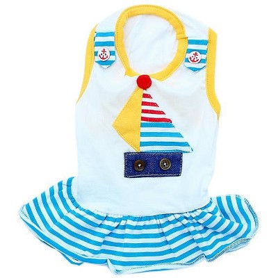 Parisian Pet 'Boat Dress' for Dogs and Cats, Designer Dog Dress, Tropical Apparel, Yellow Blue Red White
