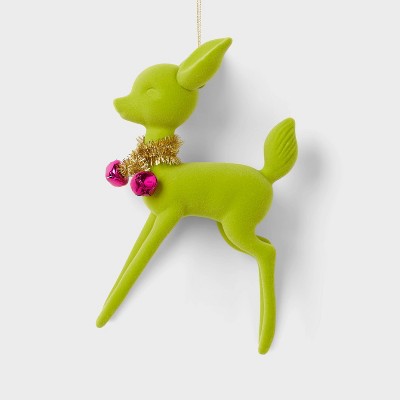 Image of Flocked Deer with Tinsel Collar Christmas Tree Ornament Green - Wondershop™