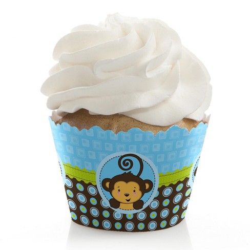 Big Dot of Happiness Blue Monkey Boy - Baby Shower or Birthday Party  Decorations - Party Cupcake Wrappers - Set of 12