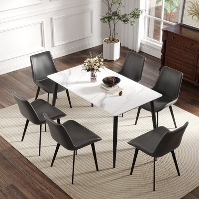 Okak Dining Table 55.12"/62.99"  Modern Artificial Stone Dining Table with Black Metal Leg for 6 People for Kitchen, Dining Room, Office