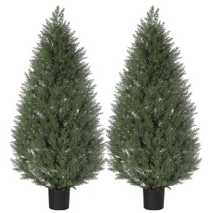 5 ft Artificial Topiary Trees, Outdoor Artificial Cedar Tree Set of 2, UV Resistant Faux Cedar Trees for Front Porch Door Indoor Outdoor, Green - 1 of 4