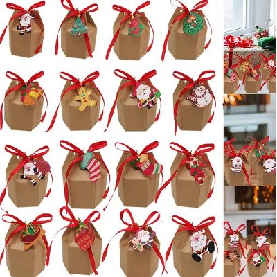 Hachikiko 24-Pack Christmas Gift Boxes with Ribbon & Tags, Santa Claus Reindeer Snowman Designs for Holiday Cookies Candy Party Favors