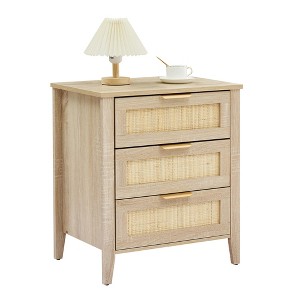 Rattan Nightstand, Farmhouse Bedside Table with 3 Drawers, Rattan Bedroom End Table, Small Side Table with Strong Wood Legs - 1 of 4