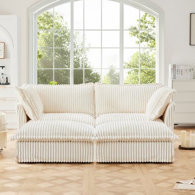 Slipcovered Sectional Sofa, 2 Seater Sofa with Removable Cover, Sofa with Convertible Ottoman, Corduroy Fabric Sectional Sofas-Cuddlewood