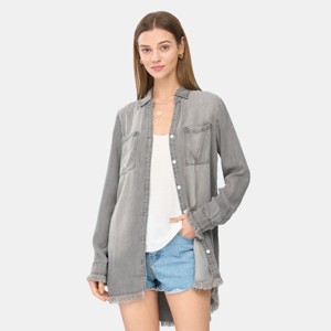 Women's Button-Front Frayed Longline Denim Shirt - Cupshe - 1 of 4