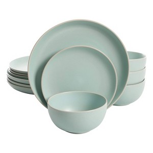 Gibson Rockaway Coupe 12 Piece Durable Matte Glaze Stoneware Dinnerware Set with Plates and Bowls, Microwave and Dishwasher Ready, Teal - 1 of 4