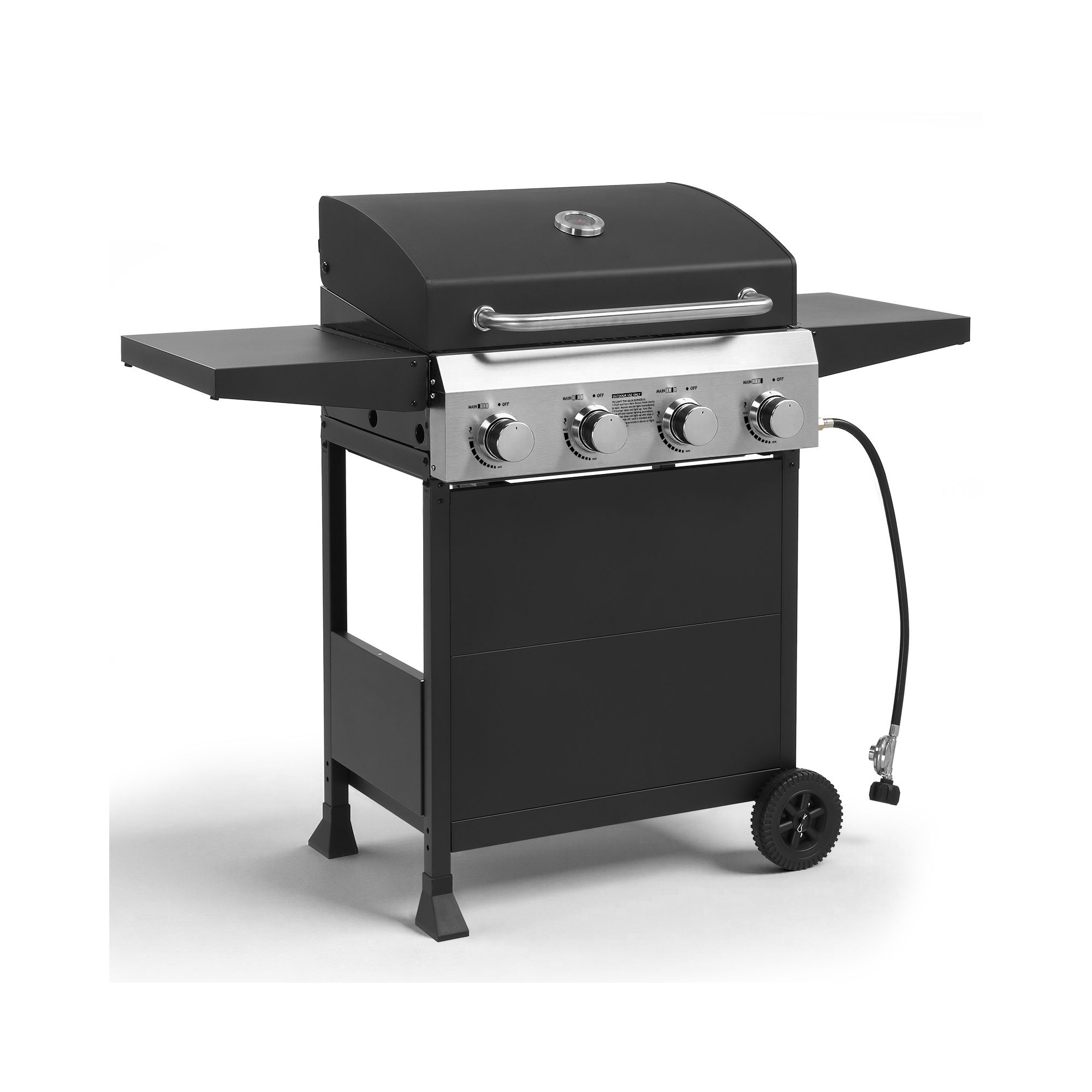 Karl Home 4 Burner Propane Gas Grill in Black with Foldable Side Tables and Portable Wheels for Outdoor Cooking Grillin