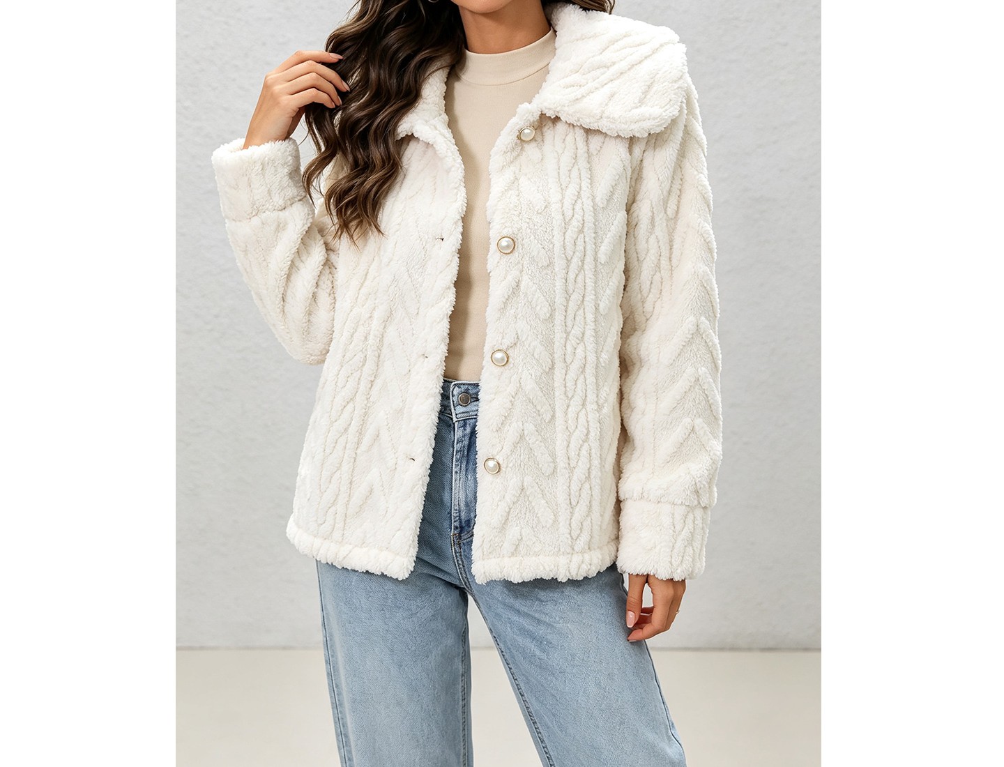Женская куртка YesFashion Lapel Collar Long Sleeve Fleece Jacket Button Front Relaxed Straight Fit Casual Outerwear Coat Off-white, цвет: Белый — фото 1