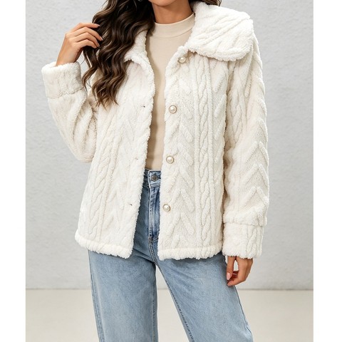 Женская куртка YesFashion Lapel Collar Long Sleeve Fleece Jacket Button Front Relaxed Straight Fit Casual Outerwear Coat Off-white, цвет: Белый