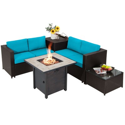 Tangkula 5-Piece Patio Furniture Set with 30 Inches Gas Fire Pit Table Outdoor PE Wicker Conversation Sectional Sofa Set with Cushions Turquoise