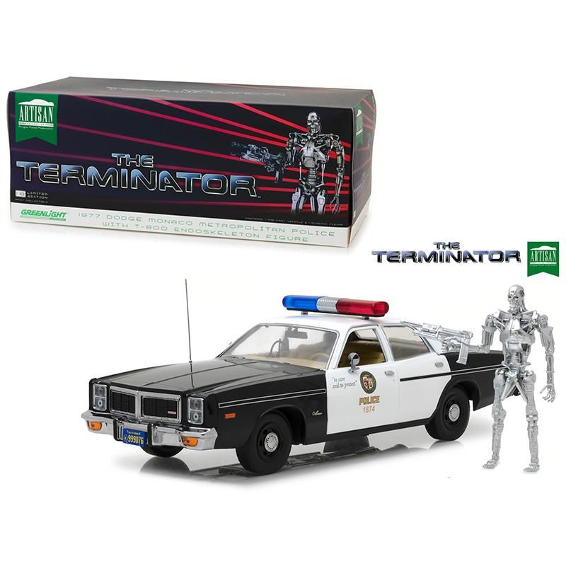 1977 Dodge Monaco Metropolitan Police with T-800 Endoskeleton Figurine "The Terminator" (1984) Movie 1/18 by Greenlight, 1 of 4