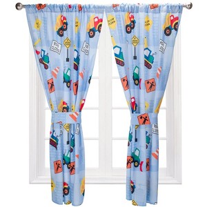 Everyday Kids Under Construction Drapes with Bulldozers and Dump Trucks; 4-Pc Building Curtains with 2 Panels and 2 Tiebacks - 1 of 4