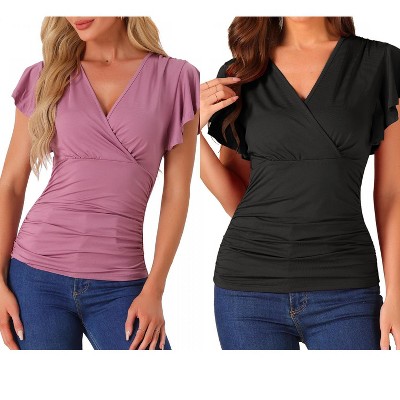 INSPIRE CHIC Women's Summer V Neck Ruffle Sleeve Casual Faux Wrap Blouse 2 Packs