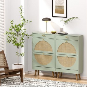 Natural Rattan Shoe Cabinet with 4 Flip Doors and 1 Drawer, Freestanding Shoe Rack Storage Cabinet for Slippers, Sneakers, Heels | Holds 24 Pairs - 1 of 4