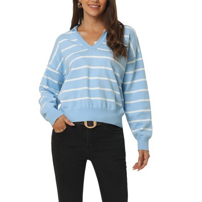 Seta T Women's Fall Casual Striped Long Sleeve Polo V Neck Pullover Drop Shoulder Knitted Sweater Tops